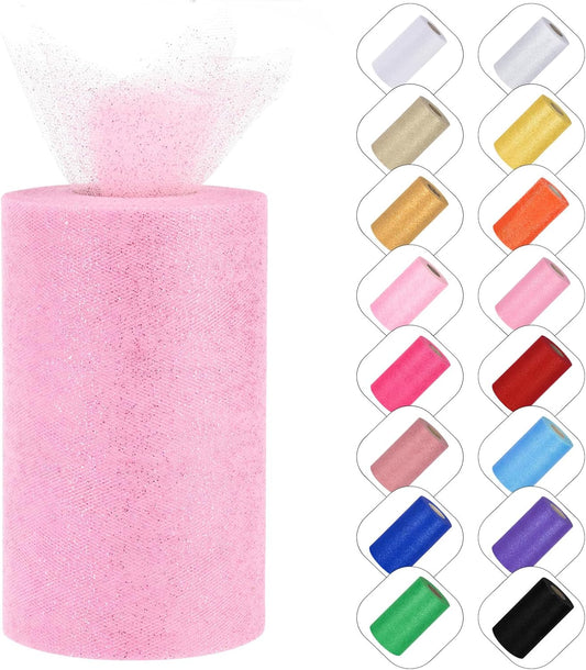 Glitter Tulle Rolls 6” by 50 Yards Sparkle Tulles Fabric Ribbon Sequin Tulle Netting Rolls for DIY Tutu Skirt Wedding Birthday Party Decoration (Light Pink-New)