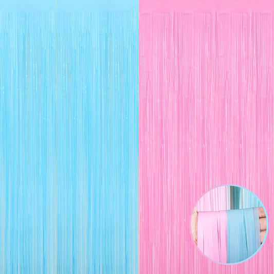 4 Pack Macaron Pink Blue Foil Fringe Curtain Backdrop, 3.28Ft x 9.8Ft Metallic Tinsel Foil Fringe Streamers for Photo Booth, Wedding Gender Reveal Backdrop Boy or Girl Birthday Party Decoration