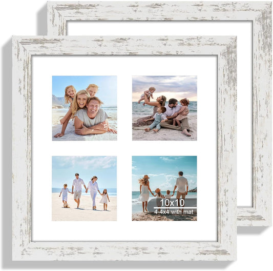 10x10 Picture Frame Set of 2, Real Glass and Distressed White Collage Frame, Display Pictures Four Opening 4x4 With Mat or 10 x 10 Without Mat for Wall Hanging or Tabletop