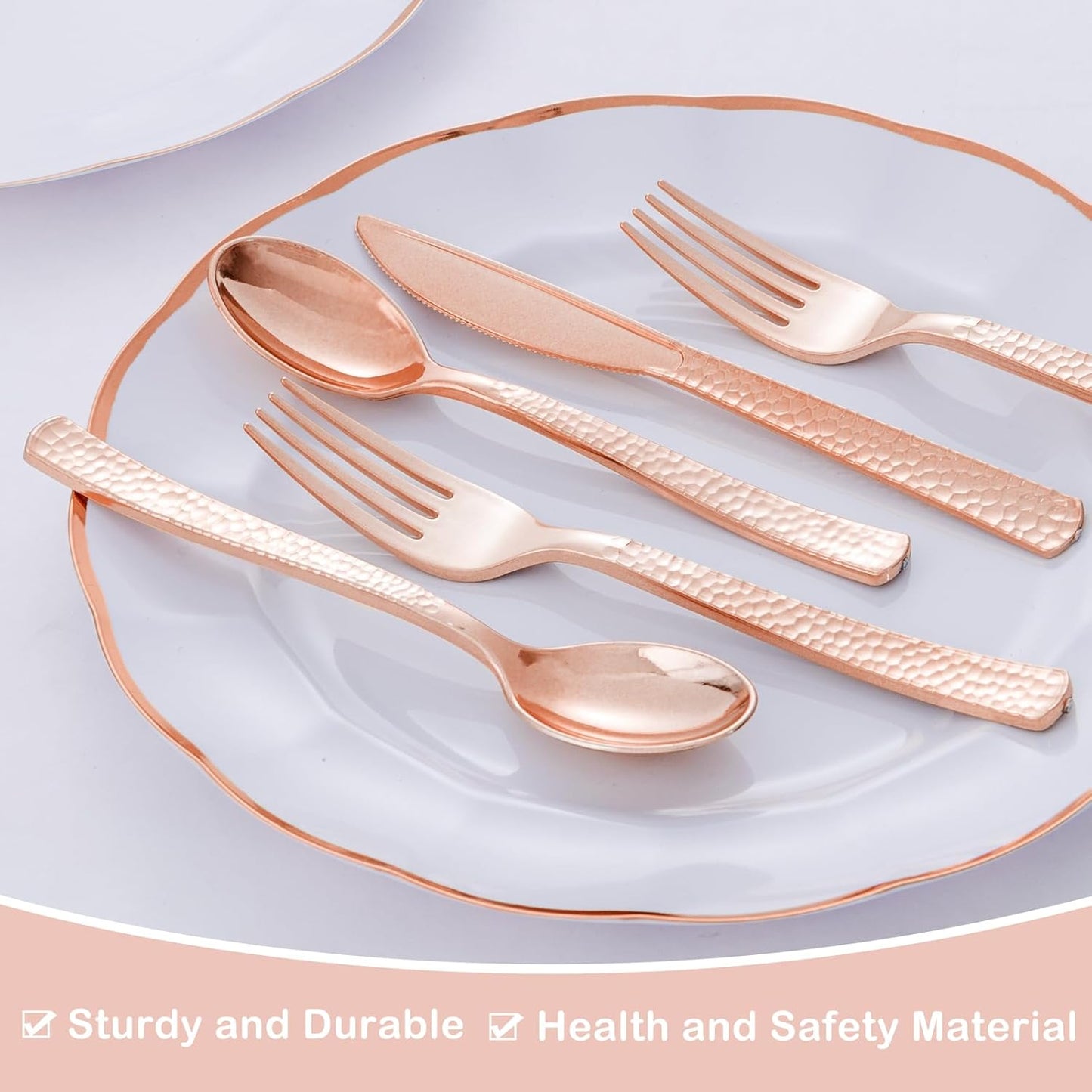 Supernal 180pcs Rose Gold Plastic Silverware Heavy Duty Plastic Forks and Spoons, Rose Gold Disposable Silverware Sets Include 60 Forks, 60 Knives and 60 Spoons Suitable for Wedding, Party, Birthday