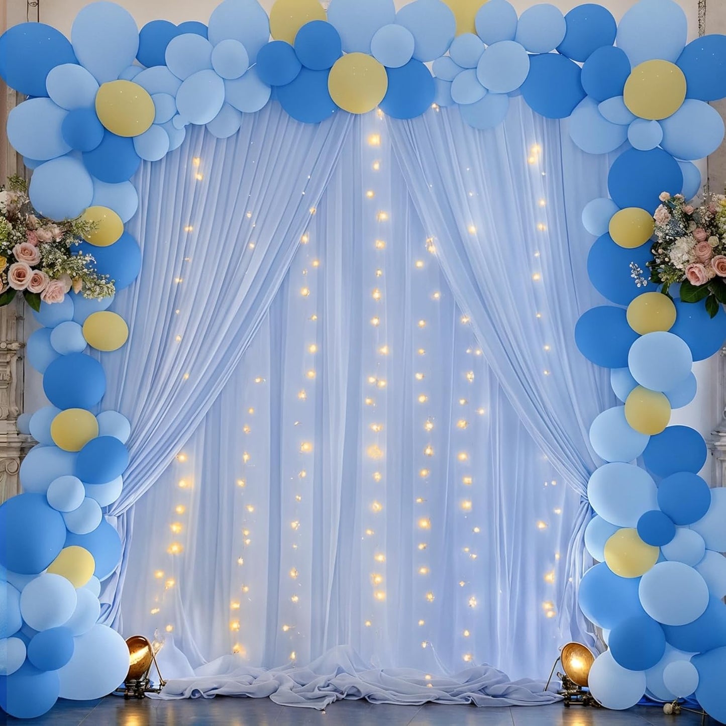 10ft x 7ft Baby Blue Chiffon Backdrop Curtain with Lights String for Parites Wedding Light Blue Curtain Photo Backdrop Drapes for Baby Shower Birthday Party Home Decorations
