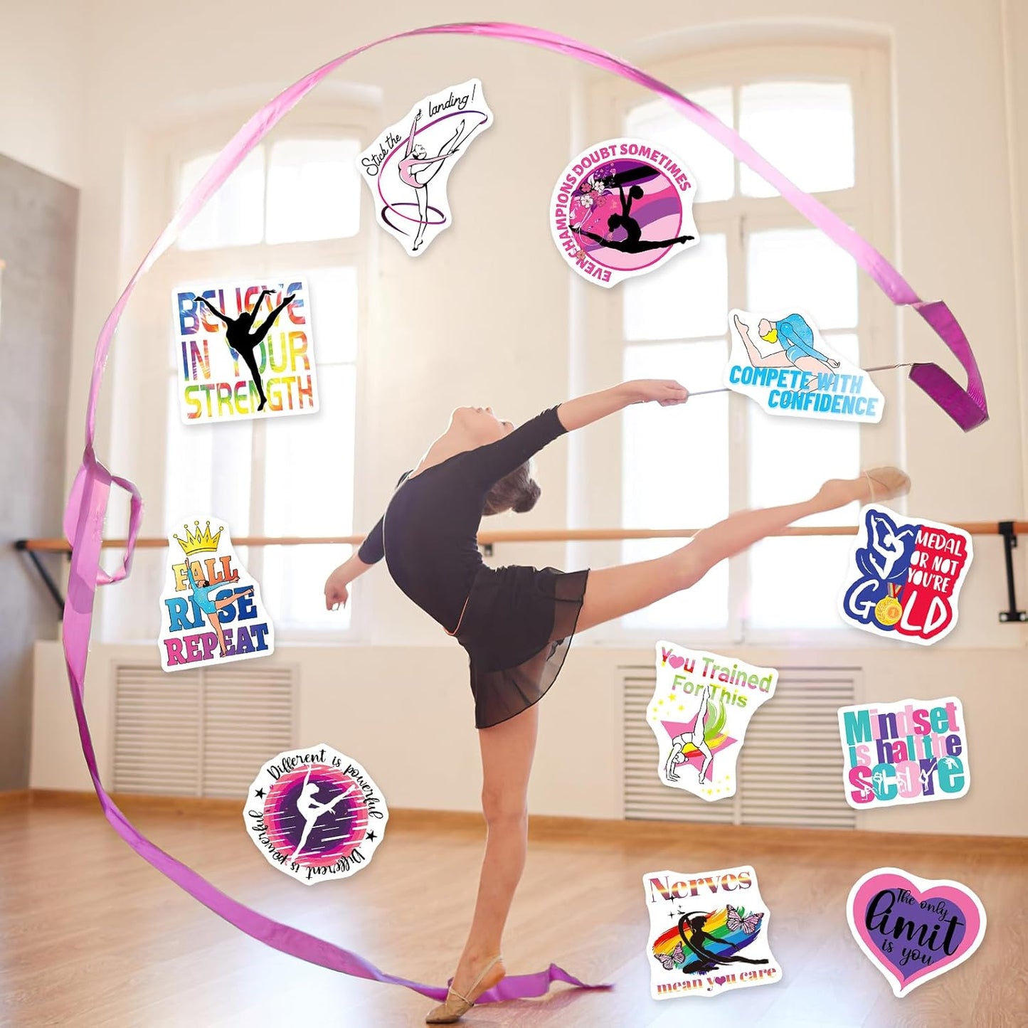200PCS Gymnastics Stickers for Girls, Motivational Gymnastics Vinyl Stickers for Laptops Water Bottles Notebooks Goodie Bags Party Favors Team Rewards