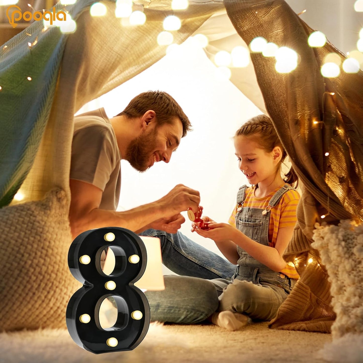 Pooqla Decorative Led Light Up Number Letters, Black Plastic Marquee Number Lights Sign for 8th 18th 80th Birthday Party Wedding Decor Battery Operated Black Decoration 8