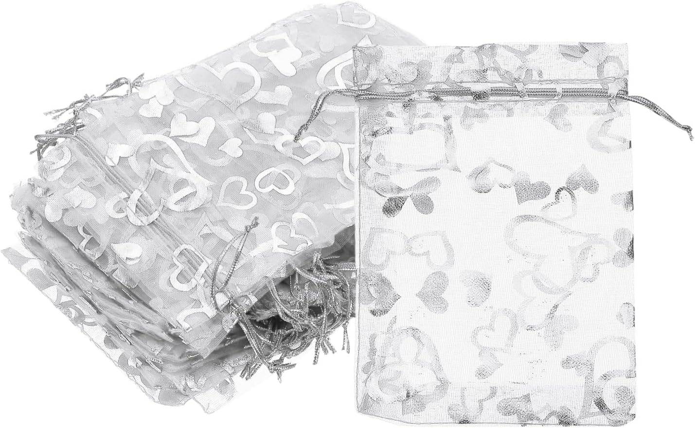 PATIKIL 50 Pcs 4x6 Inch Heart Printed Organza Bags, Silver Sheer Heart Organza Bags with Drawstring for Christmas Candy Jewelry Party Wedding Favor Gift