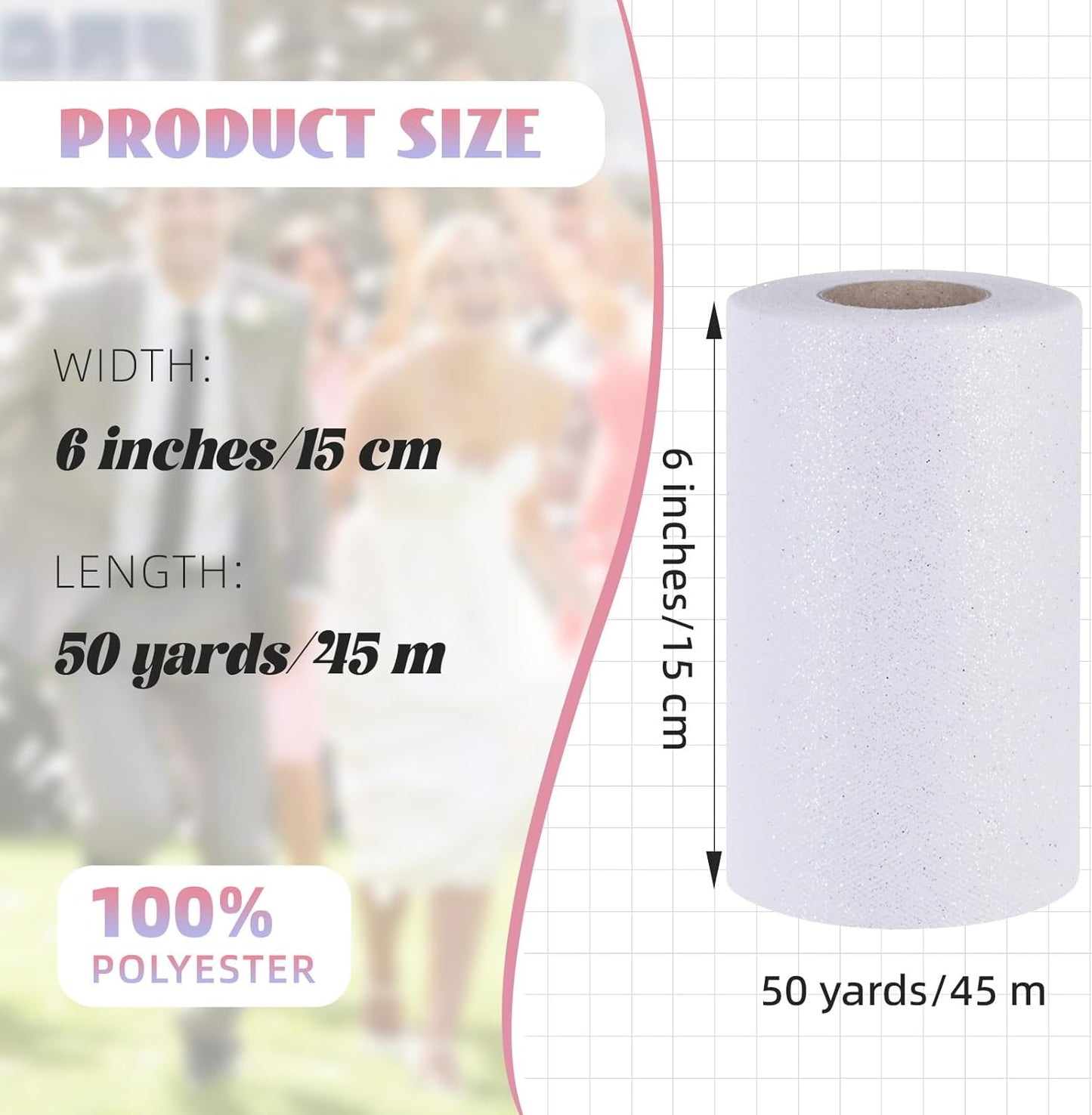 Glitter Tulle Rolls 6” by 50 Yards Sparkle Tulle Fabric Ribbon Sequin Tulle Netting Rolls for DIY Tutu Skirt Wedding Birthday Party Decoration (White/Color)