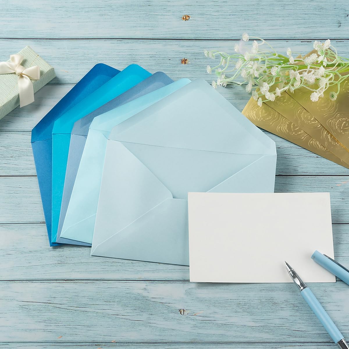 50 Pack Colored A6 Invitation Envelopes 4x6 with Gold Stickers for Cards and Invitations, 5 Colors (Blue, 6 1/2 x 4 3/4 inches)