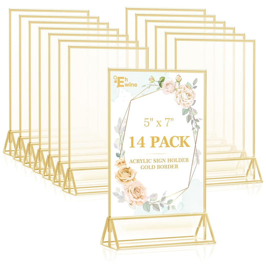 EHWINE 14 Pack 5×7 Clear Acrylic Sign Holder with Gold Borders and Vertical Stand, Double Sided Table Menu Holders Picture Frames for Wedding Table Numbers, Restaurant Signs, Photos and Art Display