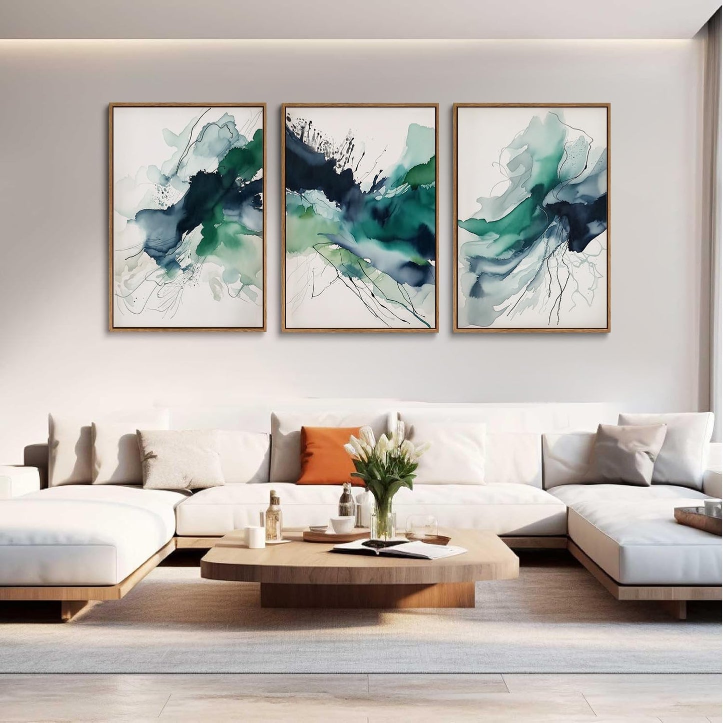 myusuar 3 Piece Large Abstract Framed Wall Art For Living Room, Smoke Texture Ink Emerald Green Canvas Wall Art Modern Minimalist Art Prints Wall Décor For Bedroom Office 16x24in