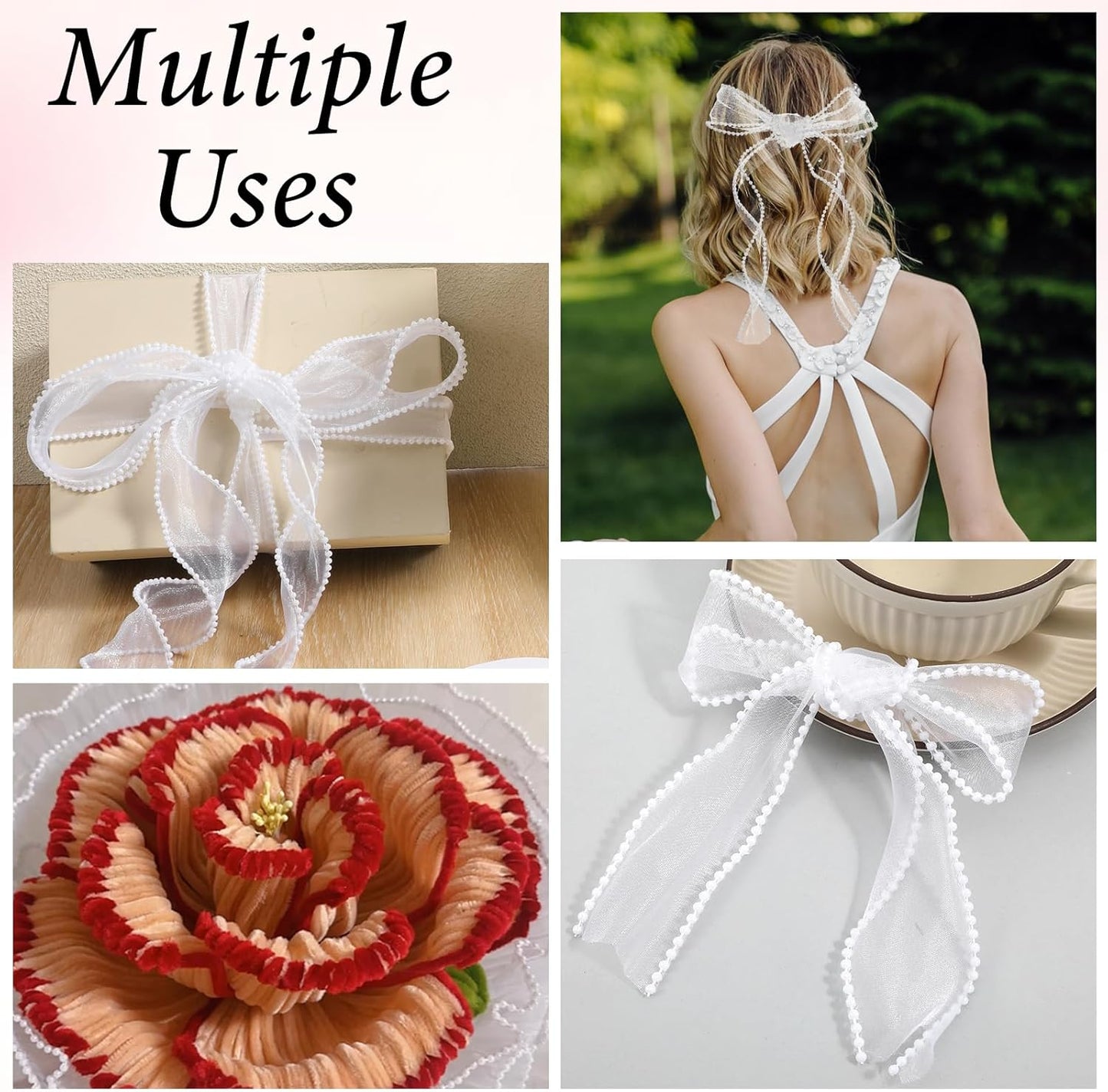 1.5 Inch Faux Pearl Ribbon, Smooth White Ribbon with Pearl Edges Wire, 4.5m Sheer Mesh Ribbons for Gift Wrapping, Bows Bouquet Decor Crafts, Wedding Bridal Decorations