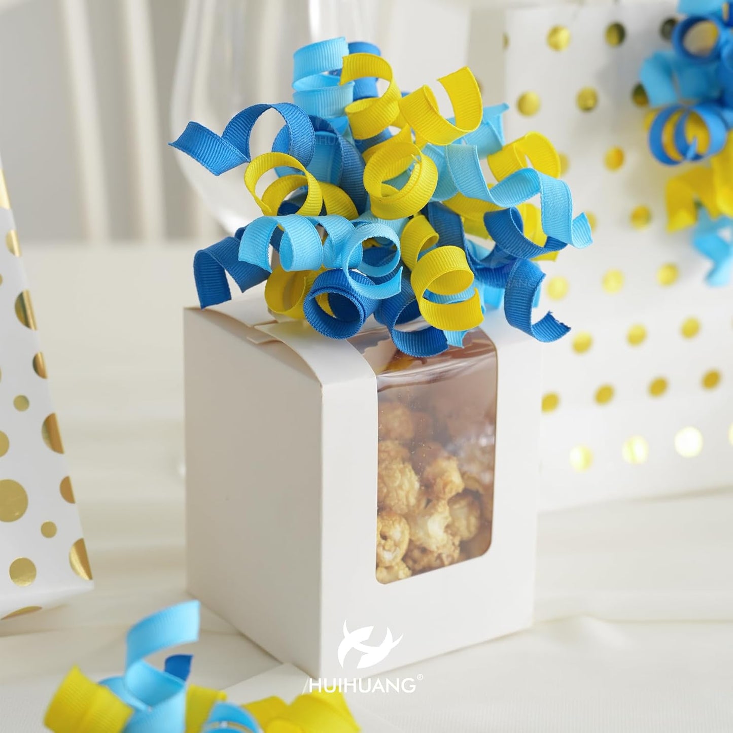 HUIHUANG Baby Shower Bows for Gift Wrapping, Curly Ribbon Bows Self Adhesive Burst Gift Bow for Baby Birthday, Baby Boy Shower Party Favors, Wine Bottle, Treat Bags- 6 Counts