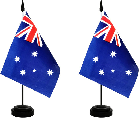 2 Pack Australia Desk Flag, Australian Table Office Flag with Solid Pole and Stand Base, International Country Flag, Festival Celebration, Classroom Meeting Desktop Decoration (Australia)