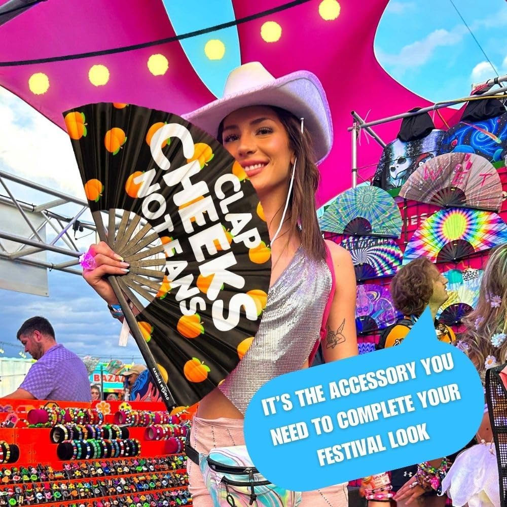 Kandies World UV Reactive Custom Festival Folding Hand Fan - Unique Designs, Bamboo, Clacking Sound, Lightweight - Perfect Rave and Festival Accessory! (Clap cheeks not fan)
