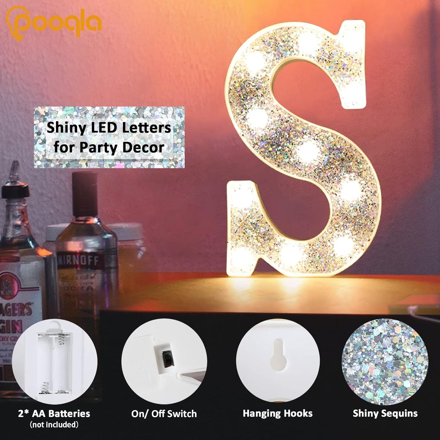 Pooqla Light Up Letters, LED Marquee Letters for Silver Birthday Decorations, Battery Powered Night Light Teenager Girl Room Decor, Gift for Girls Boys Wedding Bedroom Christmas Party Decor, Letter &