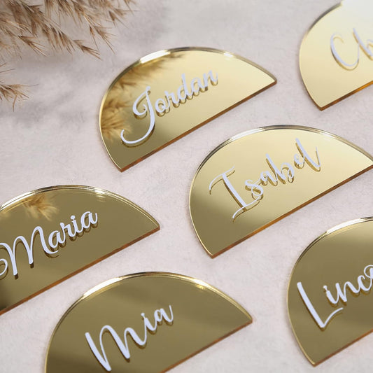 UNIQOOO 20 Pcs 3.5x2 inches Gold Mirror Half Circle Acrylic Sign DIY Blank Semicircle Acrylic Place Cards, Perfect for Wedding Table Decor, Centerpiece, Decoration, Party,Anniversary, Event