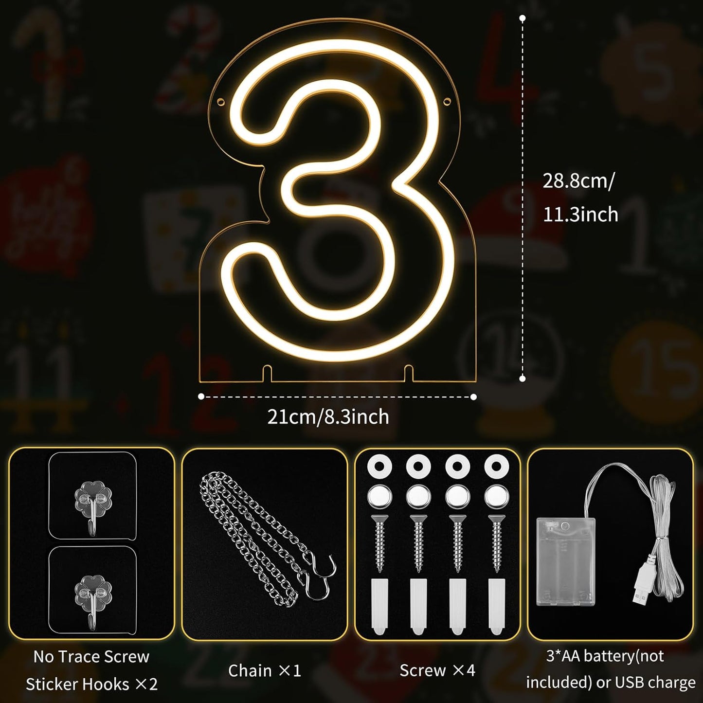 Number 3 LED Neon Sign Backdrop Birthday Party Decoration, 11.3" Height Warm White Marquee Numbers Three Light Up Sign for Wedding Anniversary Window Wall Table, Indoor Battery Operated or USB