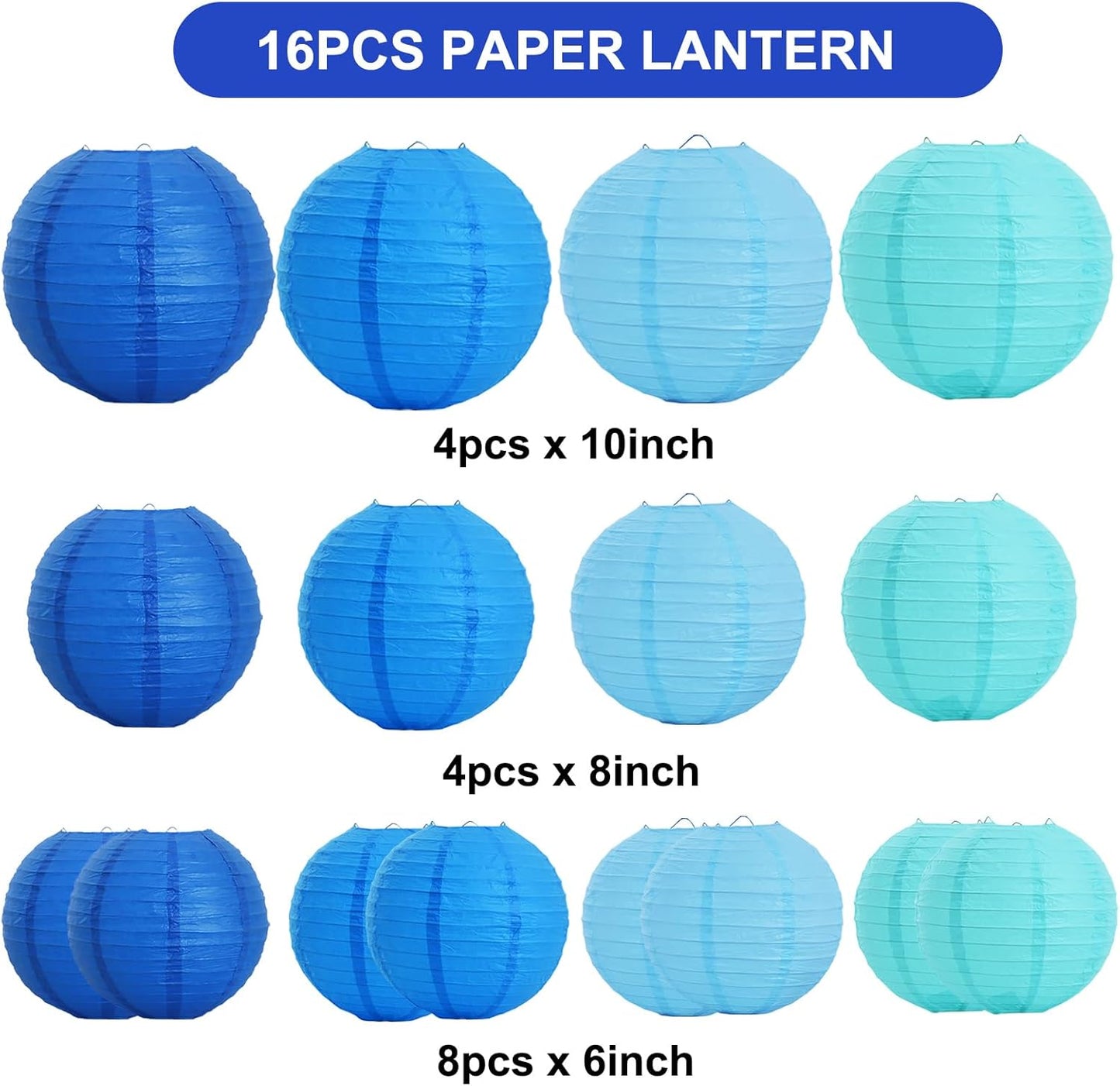 BEISHIDA 16 Pcs Sea Mix Paper Lanterns,Hanging Decorative Chinese Japanese Round Paper Lantern Lamp for Birthday Wedding Baby Bride Shower Home Party Decoration