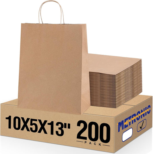 METRONIC Paper Gift Bags 10x5x13'' 200Pcs Brown Paper Bag with Handles Bulk, Kraft for Small Business, Birthday Wedding Party Favor Bags, Christmas, Retail shopping