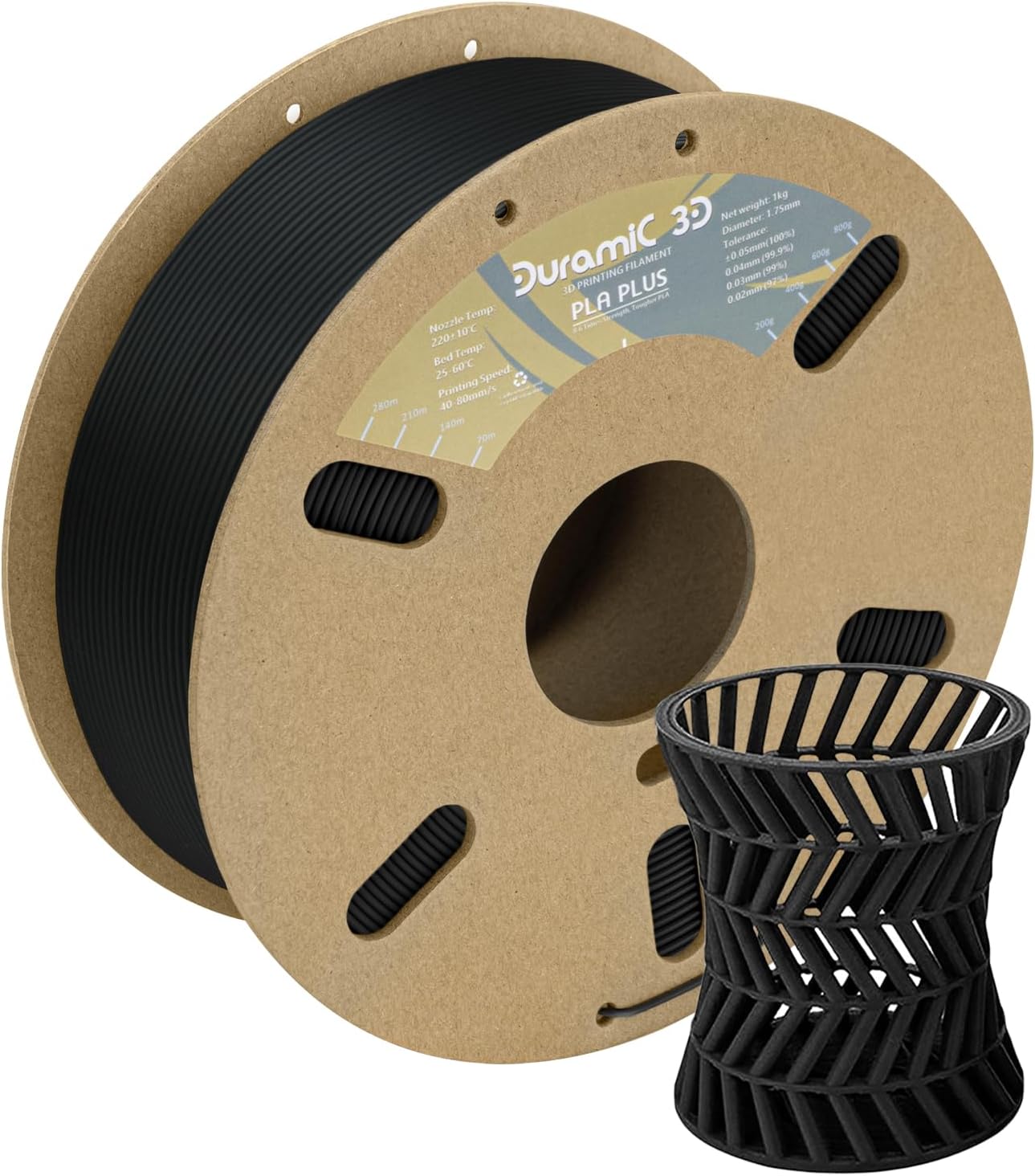DURAMIC 3D PLA+ Filament 1.75mm 1Kg Black, PLA Plus Filament 1Kg Spool(2.2lbs) Tougher and Stronger, Dimensional Accuracy Probability +/- 0.02mm