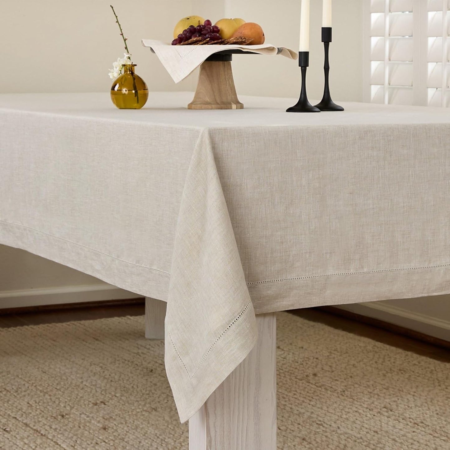 Solino Home Light Natural Linen Tablecloth 60 x 132 Inch - Classic Hemstitch, 100% Pure Linen Rectangular Tablecloth - Machine Washable Table Cloth for Fall, Autumn, Thanksgiving, Christmas, Holiday