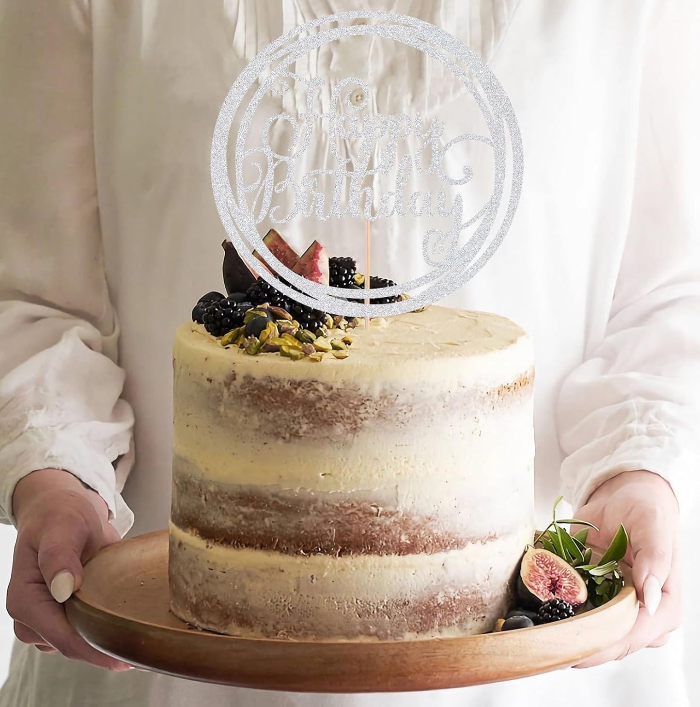 Happy Birthday Cake Topper - Silver Glitter Happy Birthday Cake Decoration Supplies for Children or Adults - Happy Birthday Cake Bunting Decor, Photo Booth Props