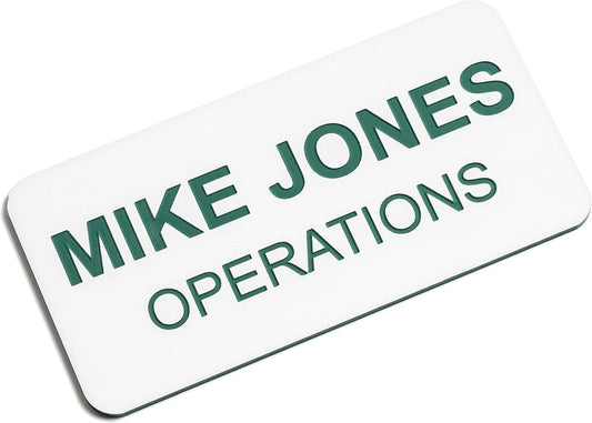 Custom Engraved Name Tag Badges – Personalized Identification with Pin or Magnetic Backing, 1.5 Inches x 3 Inches, White/Pine Green