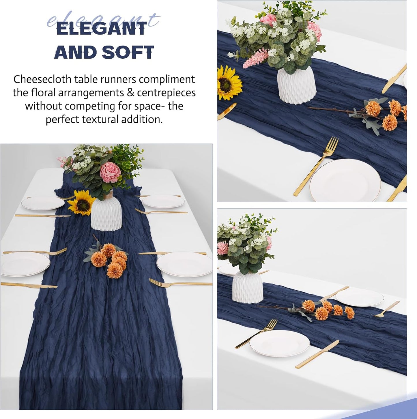 Aktor 4 Pack Navy Blue Table Runner Boho Cheesecloth Table Runner Semi Sheer Gauze Fabric Runners for Wedding Birthday Baby Shower Party Boho Table Decoration（Navy Blue）