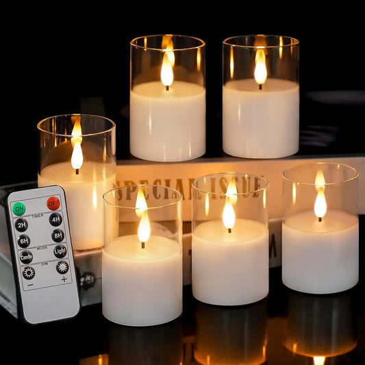 6Pack Glass Flickering Flameless Candles with Remote, 2"X3" Real Wax Votive Candles Battery Operated, Small Electric LED Candles for Wedding Home Decor, w/4 Timers+2 Lighting Modes [Clear]