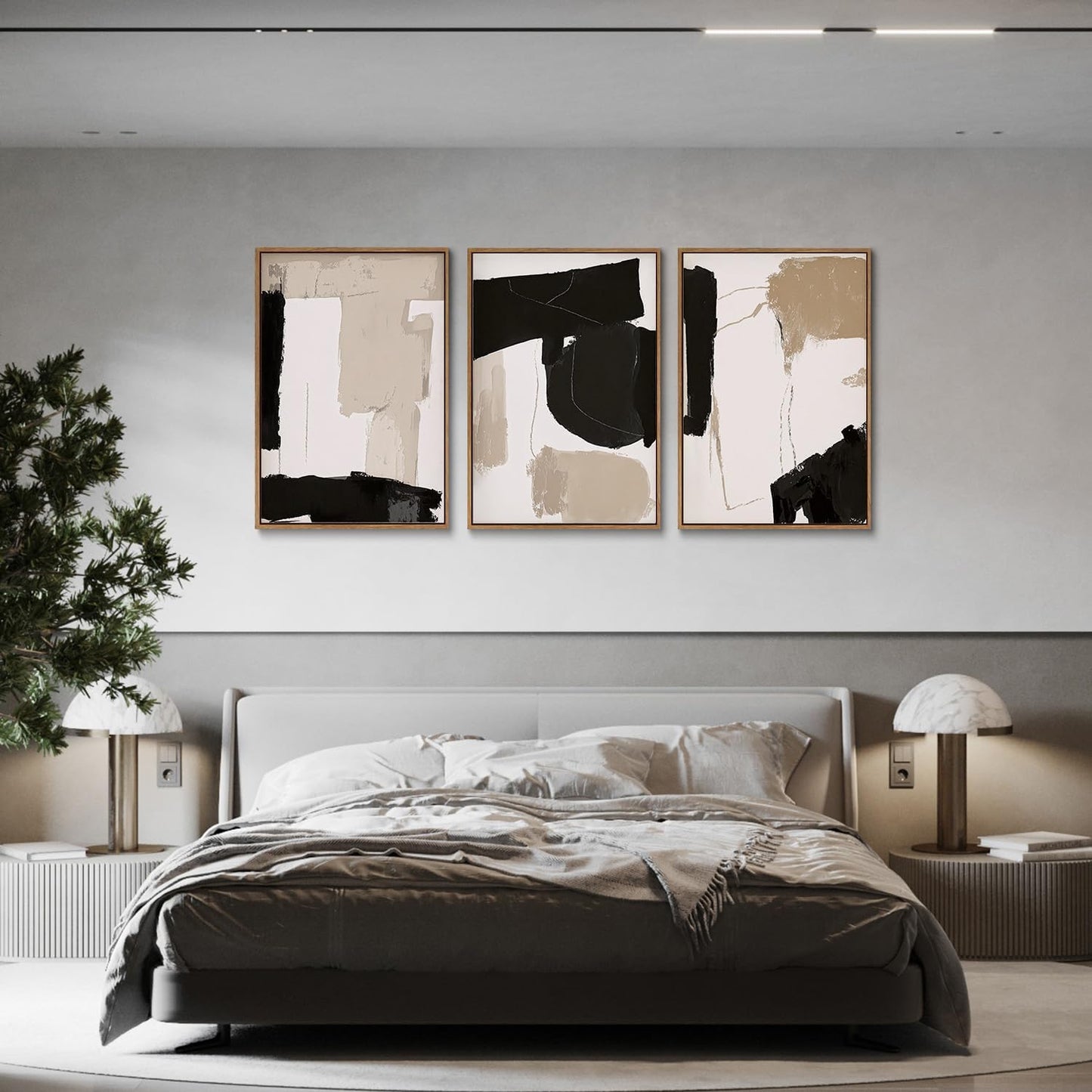 myusuar 3 Piece Large Modern Abstract Canvas Framed Wall Art For Living Room, Black And Beige Blocks Minimalist Wall Art Decor Posters Prints For Bedroom Office, 16x24in