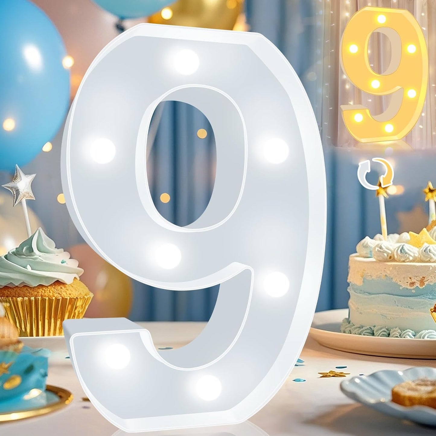 Pooqla LED Light Up Numbers, Warm White and Cool White Decorative Lighted Marquee Numbers for 9th Birthday Party, Gift for Boys Girls, Wedding, Night Light, 9th Birthday Decoration, Number 9