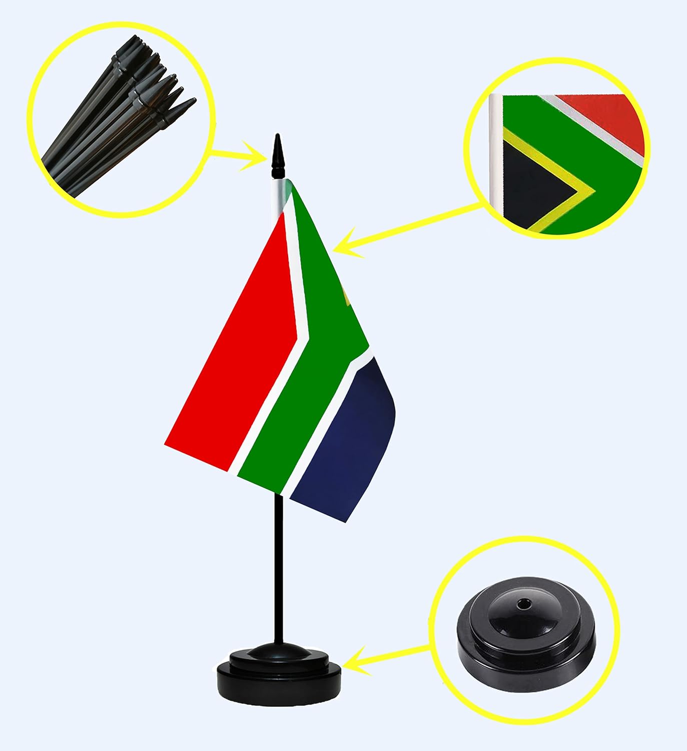 South Africa South African Deluxe Desk Flag Set Small Mini Miniature South Africa South African Table Desktop Flags With Solid Pole, Black Base and Spear Top(2 Pack)