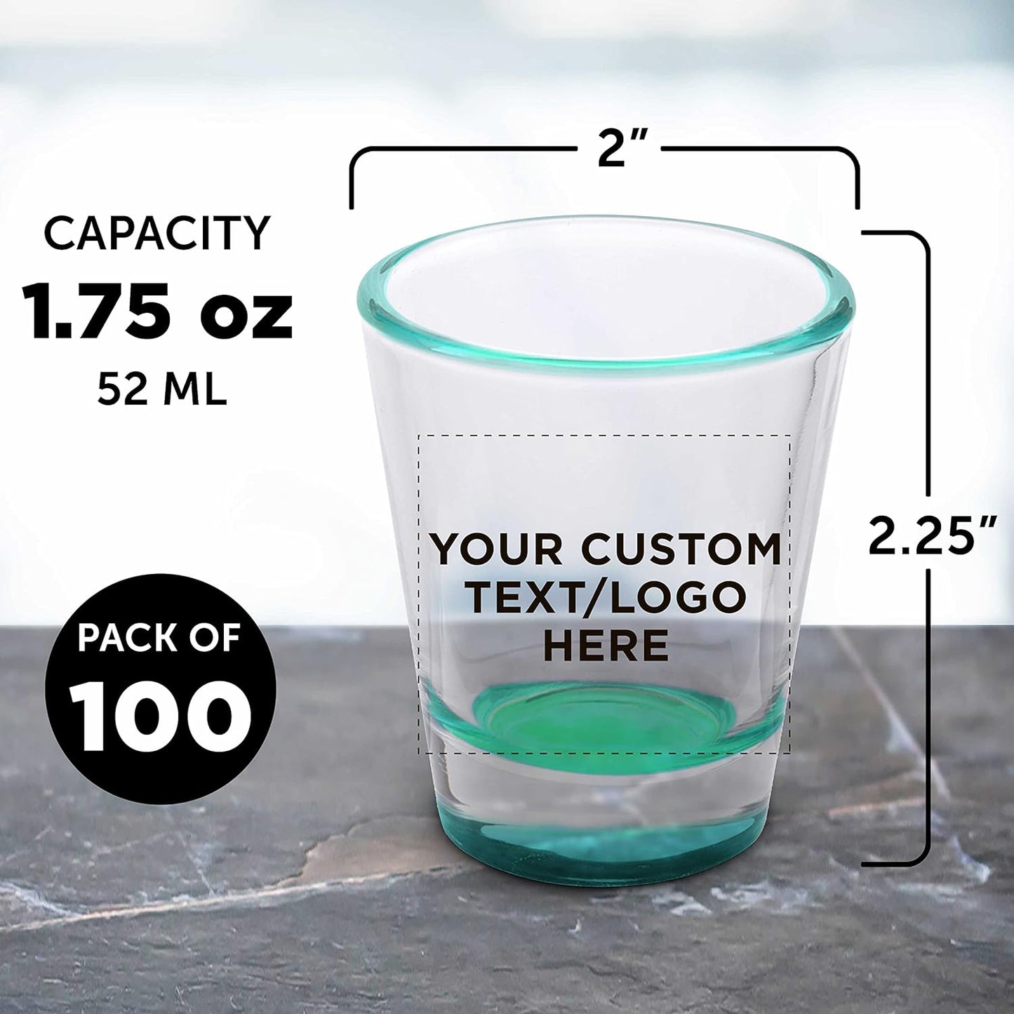 Custom Shot Glasses 1.75 oz. Set of 100, Personalized Bulk Pack - Great for Wedding Favors, Bachelorette Party Decorations, Party Fovors, Color Bottom - Green