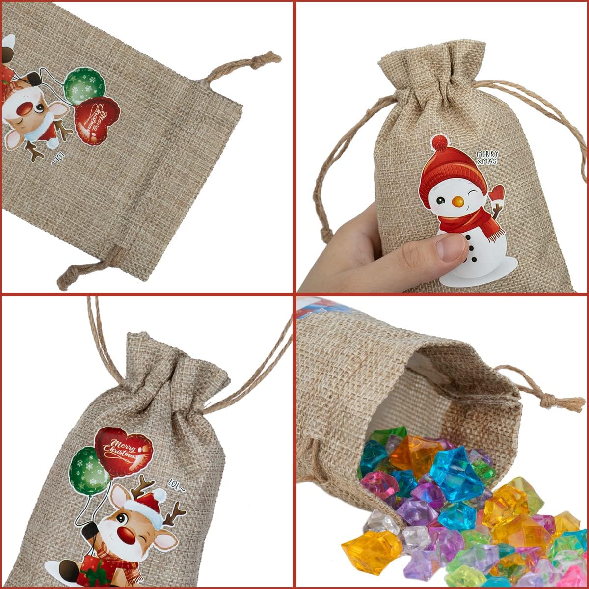 ARTLYMERS 24 Pack Christmas Jute Burlap Bags, Christmas Drawstring Gift Bags for Xmas Presents Holiday Party Favor Treats Candy, 6 Designs