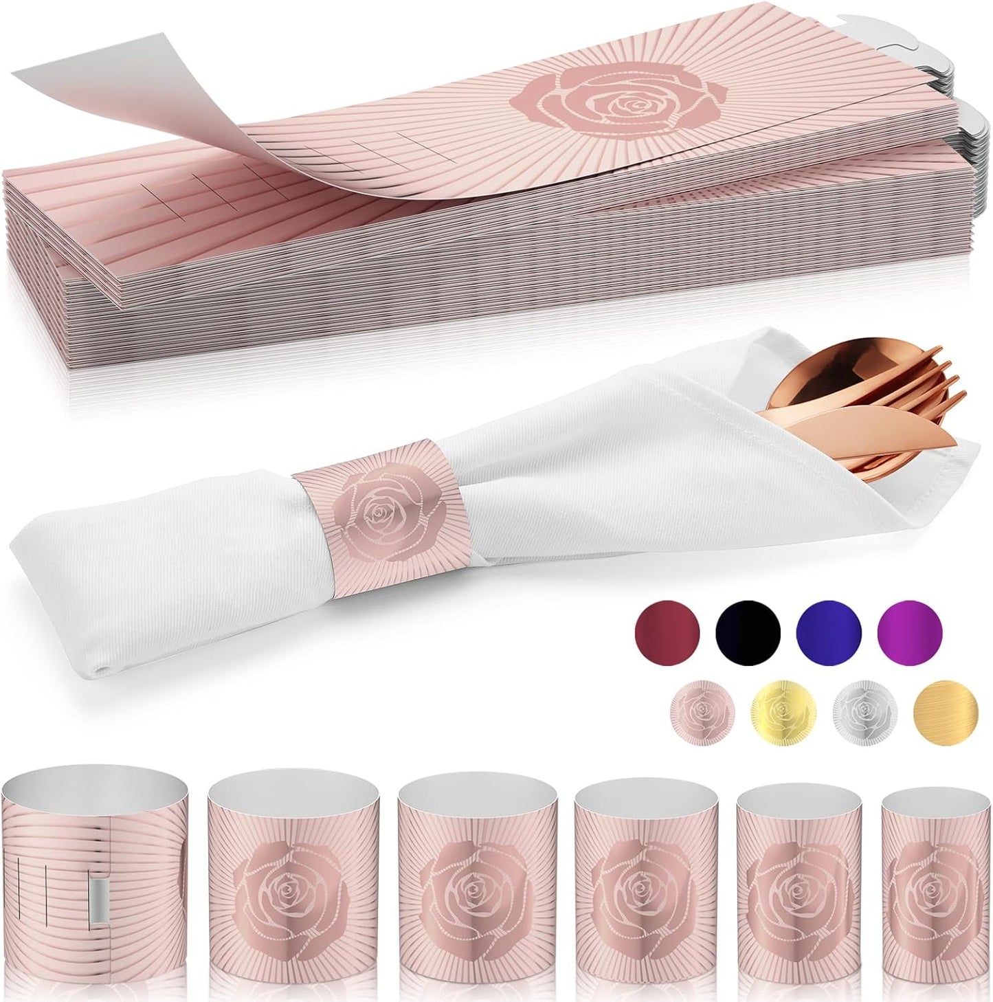 Polymer Material Reusable Napkin Band, Glue-Free Tear-Proof Water Resistant Oil-Proof Napkin Bands Set of 100(Front Rose Gold Color and Back Silver), 6 Adjustable Sizes Napkin Rings