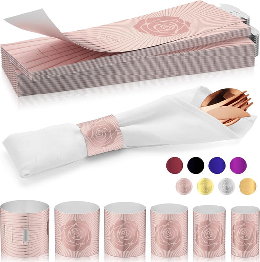 Polymer Material Reusable Napkin Band, Glue-Free Tear-Proof Water Resistant Oil-Proof Napkin Bands Set of 100(Front Rose Gold Color and Back Silver), 6 Adjustable Sizes Napkin Rings