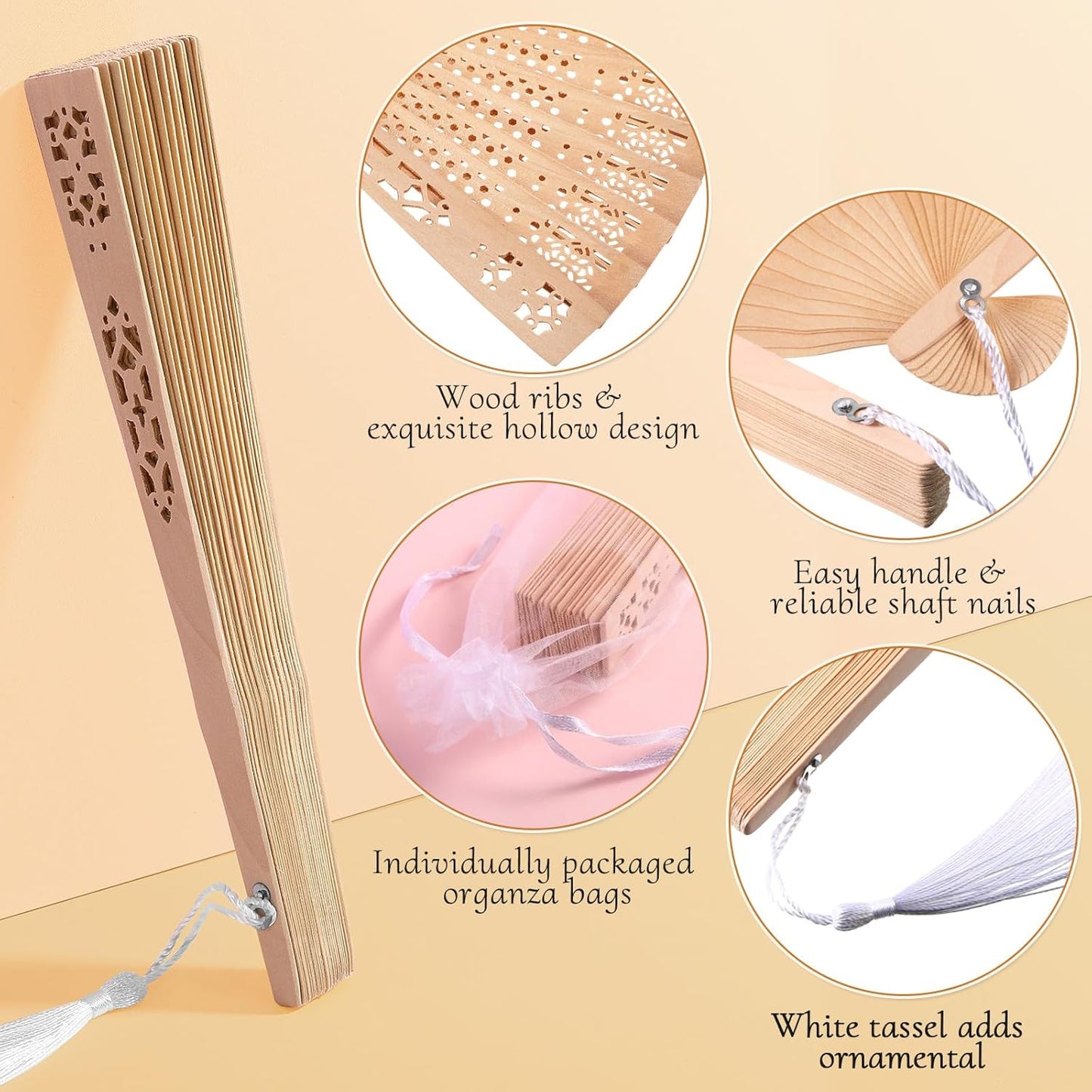 Qunclay 60Pcs Wooden Hand Fans Folding Wedding Fans for Guest Chinese Hollow Pattern with White Tassel and Gift Bag for Wedding Bridal Shower Birthday Party Favors Gift and Home Decor(Simple Style)