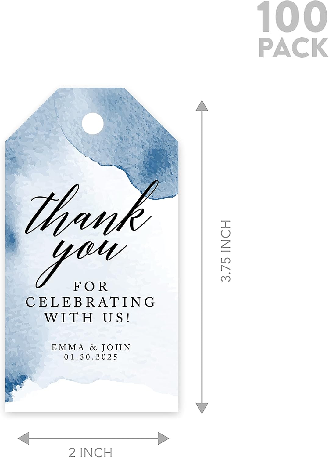 Andaz Press 100-Pack Personalized Thank You for Celebrating with Us Wedding Favor Tags with Bakers Twine Navy Blue Watercolor Custom Cardstock Wedding Gift Tags for Party Favors 2 x 3.75-Inches