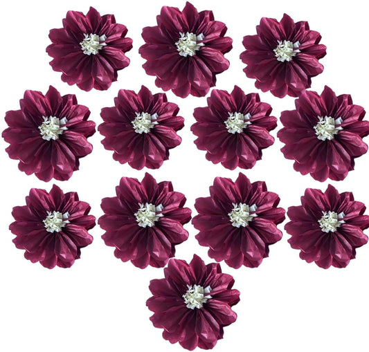 12pcs 10in 12in Paper Flowers Tissue Flowers Pom Paper Pom Poms Hanging Paper Flowers Wall Backdrop Wedding Party Flower Decorations DIY Art Craft Blooms for Birthday Baby shower Nursey decor burgundy