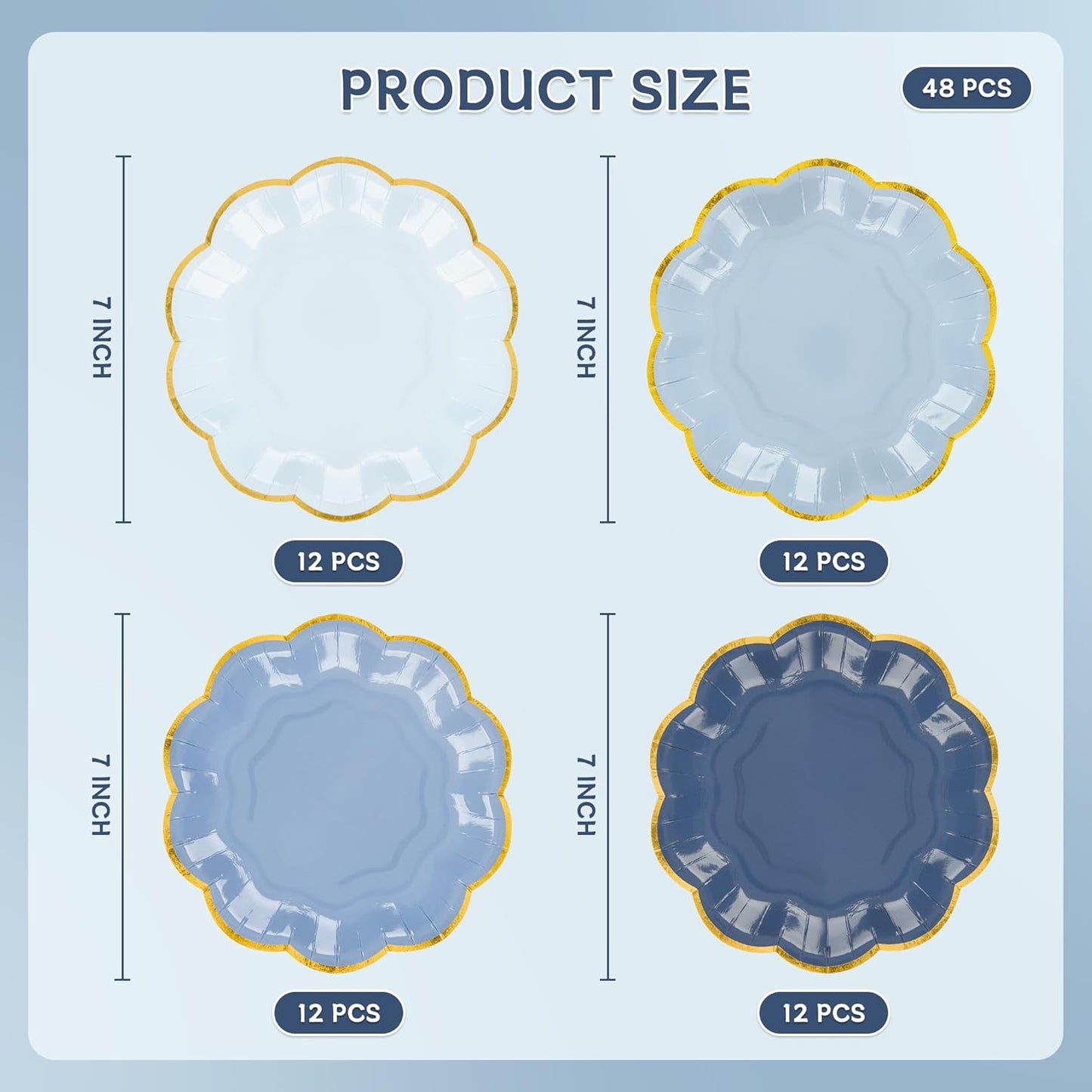 Dusty Blue Party Plates Gradient Blue Dessert Paper Plates 7inch Gold Foil Scalloped Edge Disposable Cake Plates for Tea Party Birthday Bridal Baby Shower Wedding Party Supplies (48)