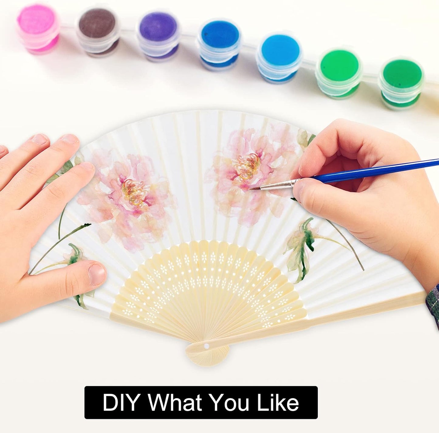 FEPITO 55 Pieces White Handheld Paper Fan Paper Folding Fans with Bamboos for Wedding Gift, Party, Home