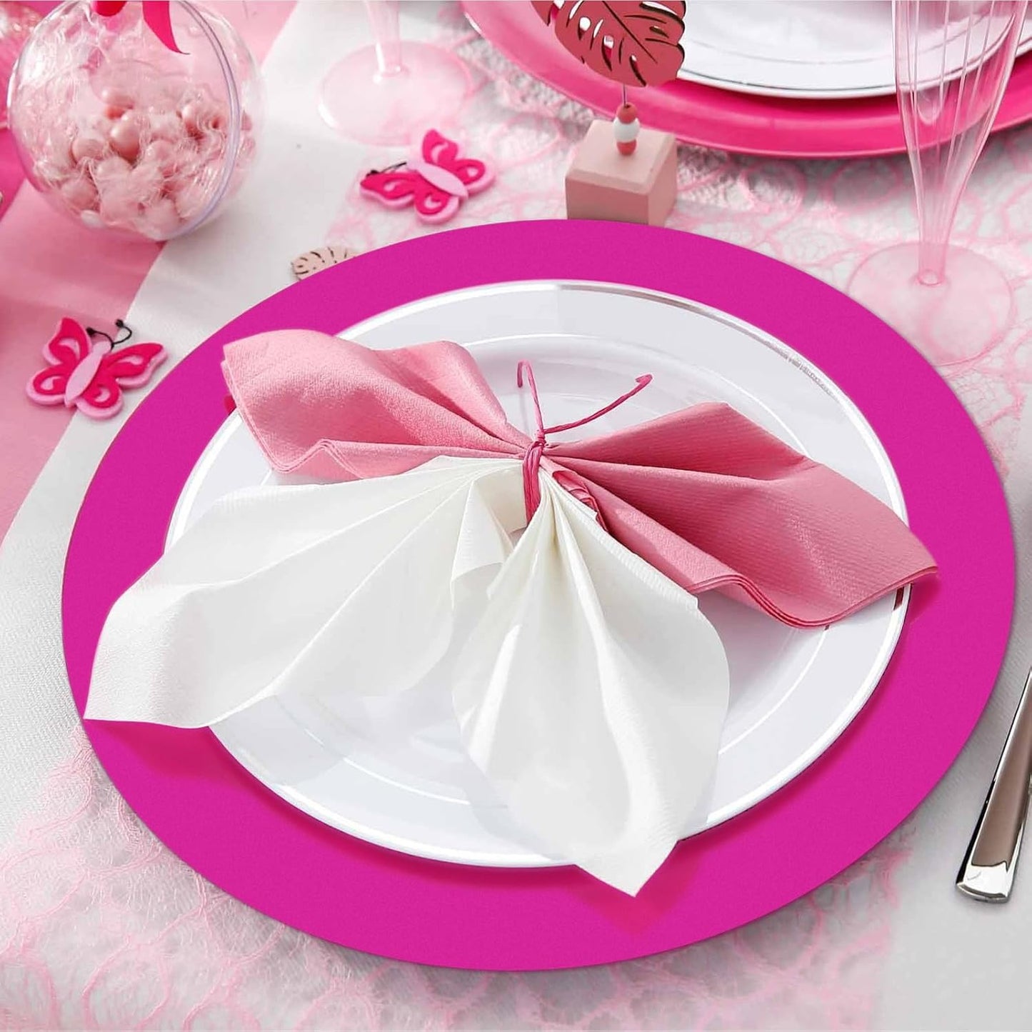 50 Pieces Hot Pink Paper Place Mats Round Disposable Table Mats Decorative Placemats for Wedding Bridal Shower Hot Pink Birthday Party Dining Decor