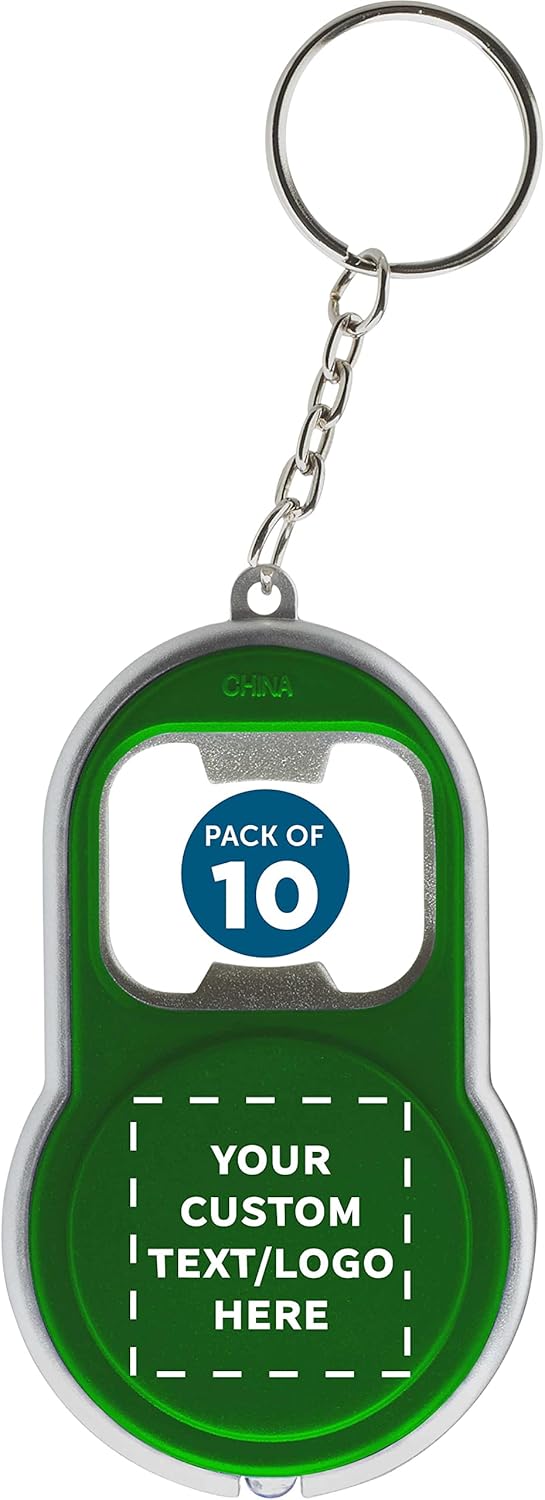 DISCOUNT PROMOS Custom Bottle Opener & LED Keychains Set of 10, Personalized Bulk Pack - Perfect for Tradeshows, Party Favors, Other Events - Green