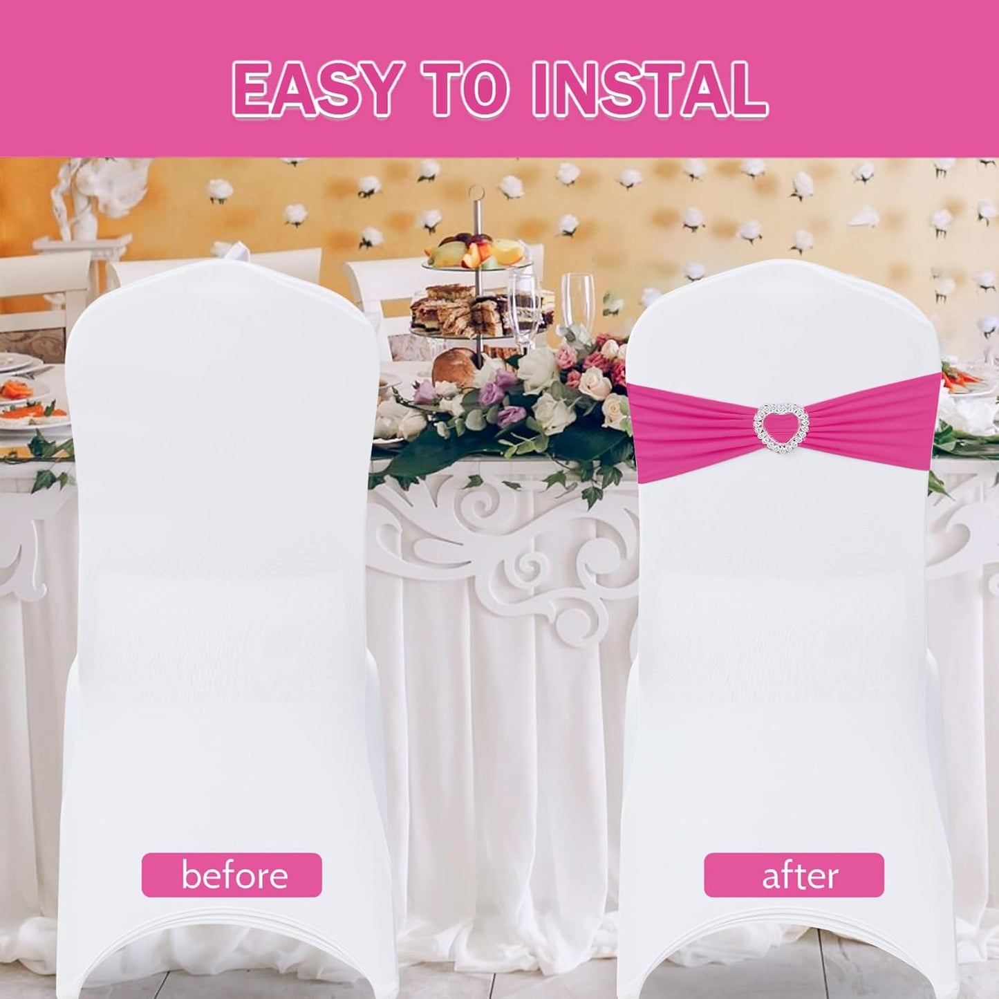 Howhic Pack of 120 Spandex Chair Sashes Bows Stretch Chair Cover Band with Buckle Slider Universal Elastic Chair Ties for Wedding Banquet Party Event Decoration (Fuchsia)