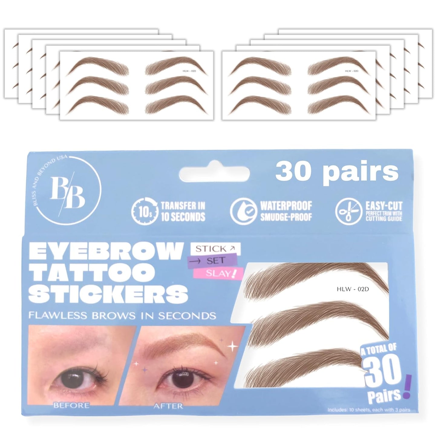 Bliss and Beyond USA Eyebrow Tattoo Stickers Waterproof – 30-Pair Deluxe Box | Realistic Hair-Like Temporary Brows for Alopecia, Cancer, and Hair Loss (Brown, Dramatic Hollywood)