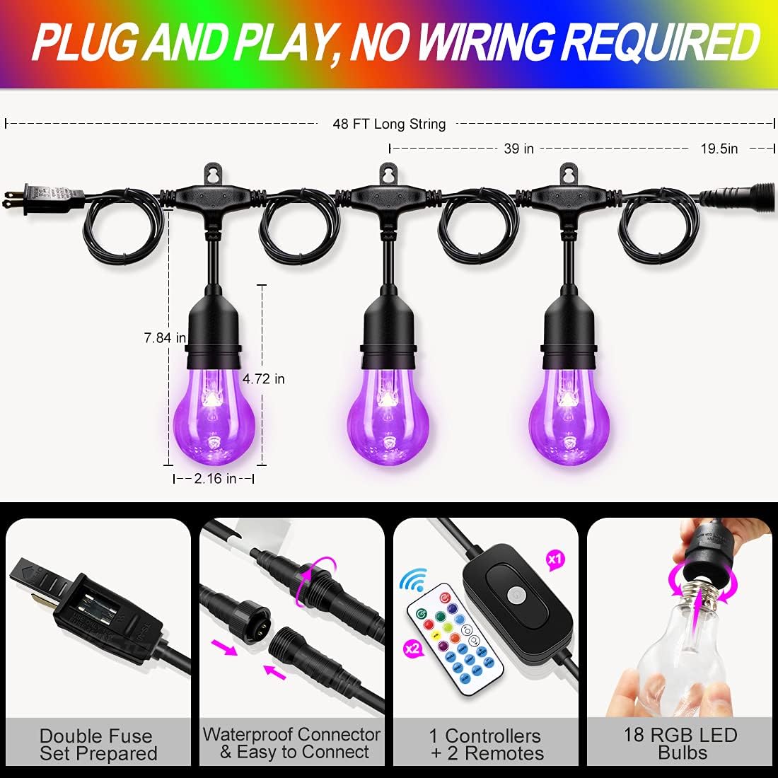 48FT Outdoor RGB String Lights, 16 Shatterproof Edison Bulbs, Dimmable Color Changing Patio Lights with Remote Control. Perfect for Bistro Commercial LED Decorative Lighting