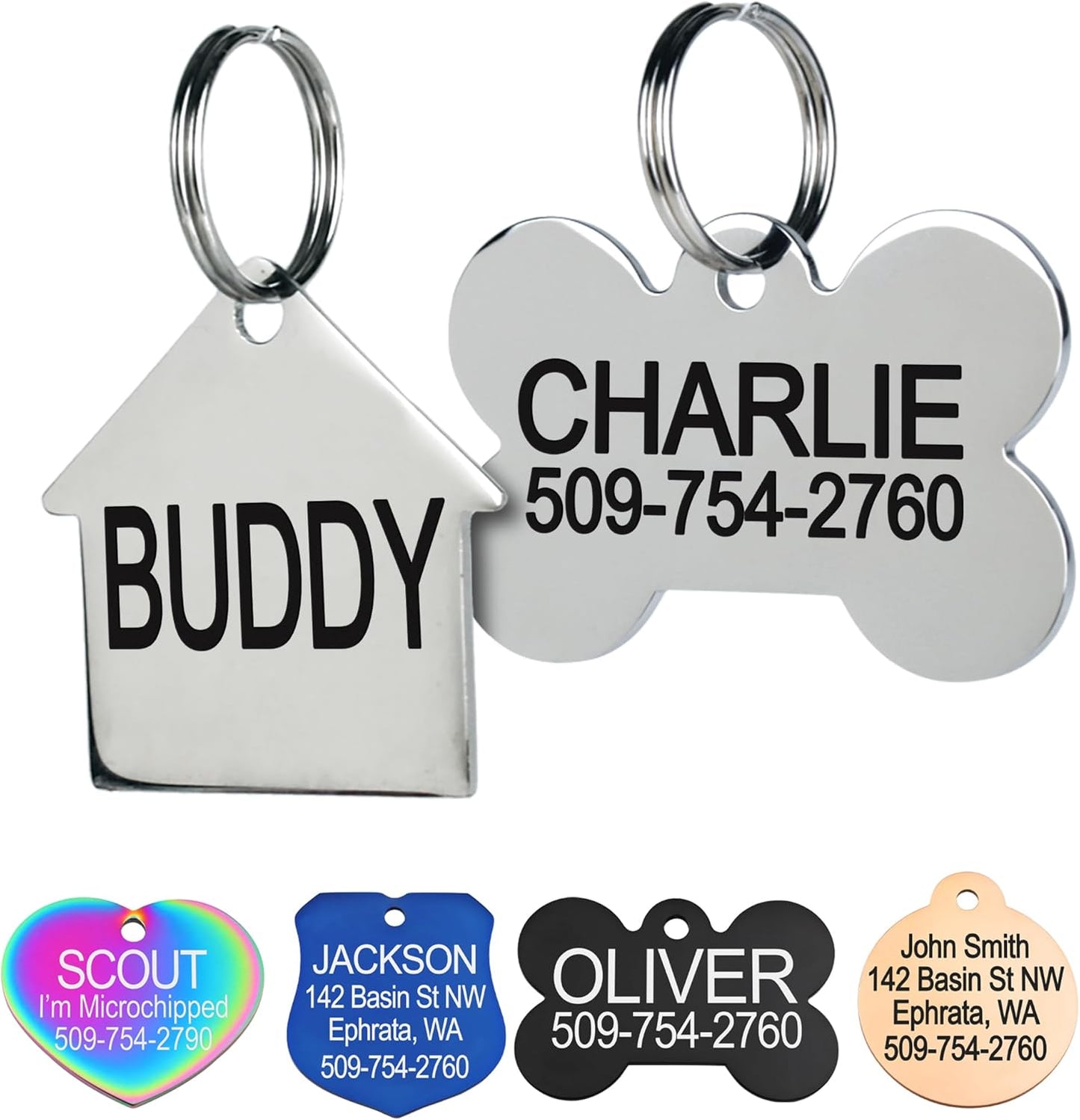GoTags Stainless Steel Pet ID Tags, Personalized Dog Tags and Cat Tags, up to 8 Lines of Custom Text, Engraved on Both Sides, in Bone, Round, Heart, Bowtie and More (House, Regular (Pack of 1))
