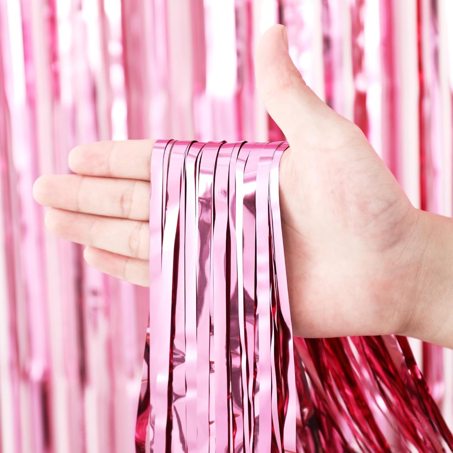 2 Pack Light Pink Foil Fringe Backdrop Curtains, Tinsel Streamers Birthday Party Decorations, Fringe Backdrop for Graduation, Baby Shower, Gender Reveal, Disco Party