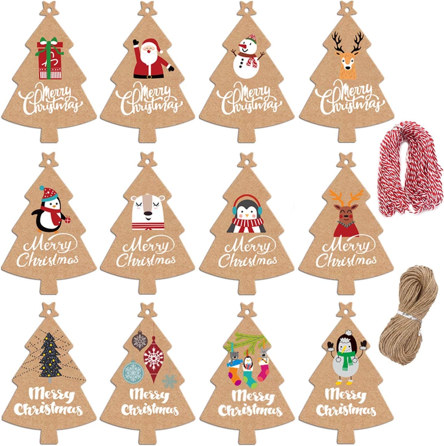 LOKIPA 120 Pieces Christmas Kraft Paper Gift Tags, Xmas Tree Present Hang Labels with 230 Feet Jute Twine Baker Twine for DIY Art Crafts