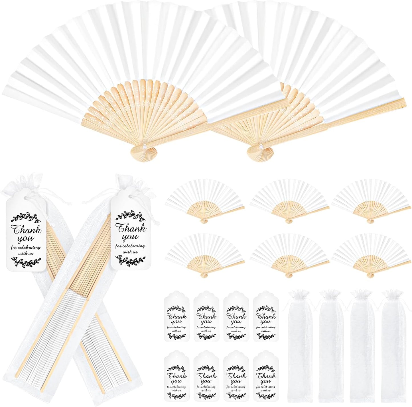 50Set Wedding Hand Fans Party Favors White Paper Folding Handheld Fans Bulk, DIY Bamboo Fans with Thank Tag Organza Bag for Guests Bridal Dancing Props Church Decoation