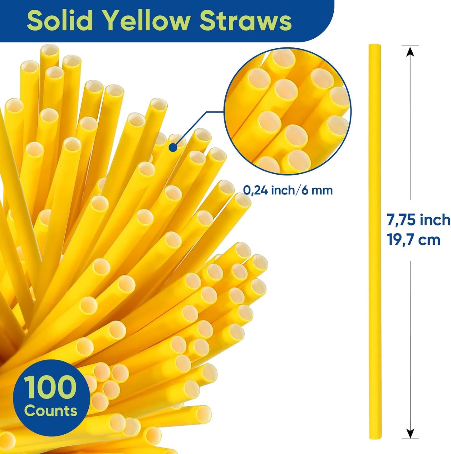 Solid Yellow Disposable Paper Drinking Straws 7.75 inch 100 Counts - for Beverage, Birthday, Party, DIY Arts Crafts