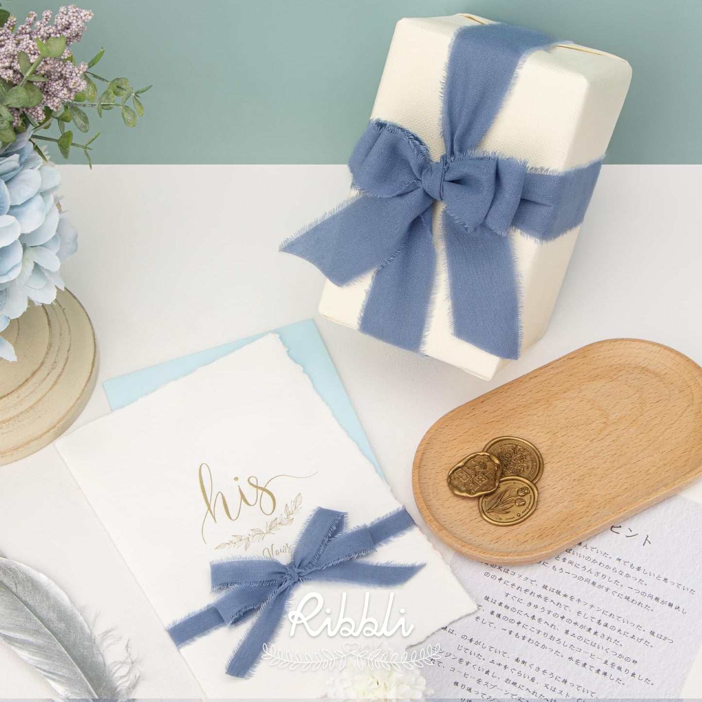 Ribbli 3 Rolls Dusty Blue Ribbon 5/8 Inch x 18Yards Handmade Cotton Frayed Fringe Ribbons for Gift Wrapping Wedding Invites Bridal Bouquets Baby Shower DIY Crafts Home Decor